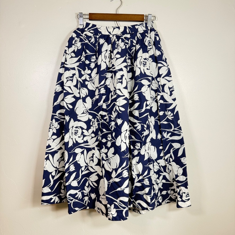 A New Day Floral Pleated Midi Skirt Size M Navy Blue White